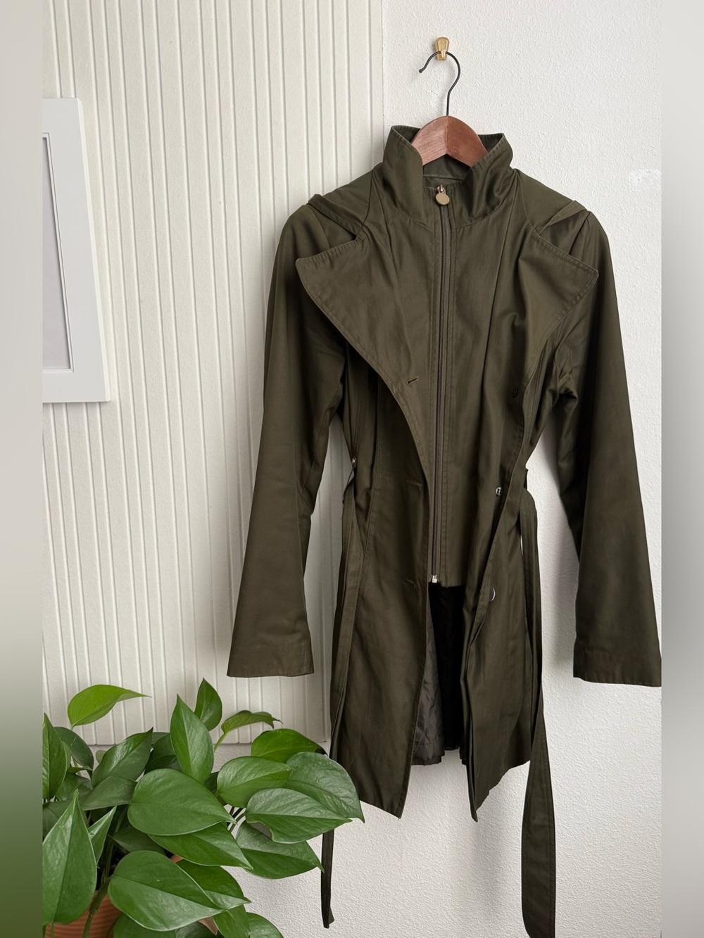 Olive Green Belted Trench Coat with Hood - Picture 2 of 7